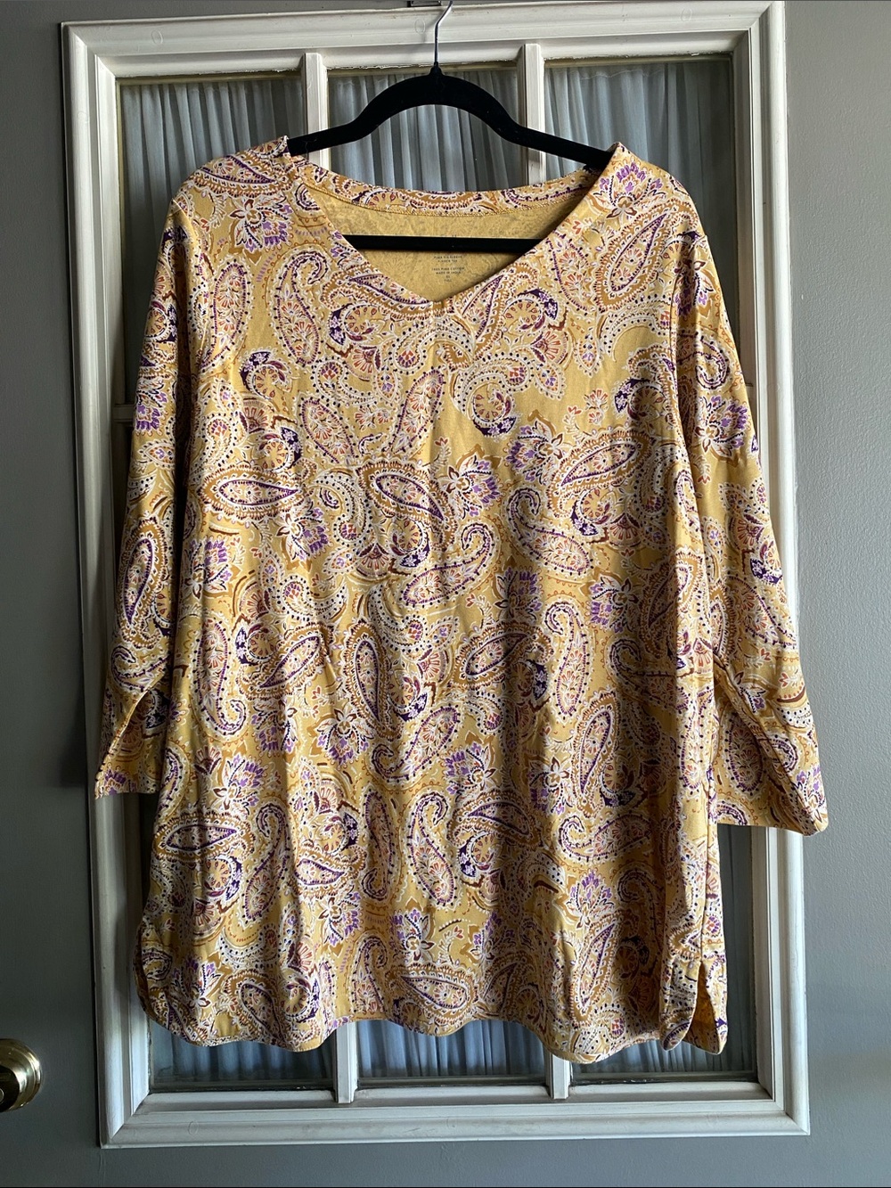 J. Jill Yellow Paisley Pima 3/4 Sleeve Vneck Tee - XL TALL